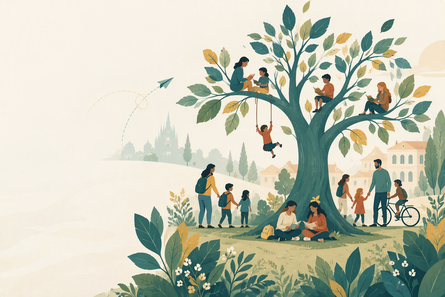 Illustrazione della comunità scolastica: famiglie e bambini intorno a un grande albero che legge, gioca e cresce insieme