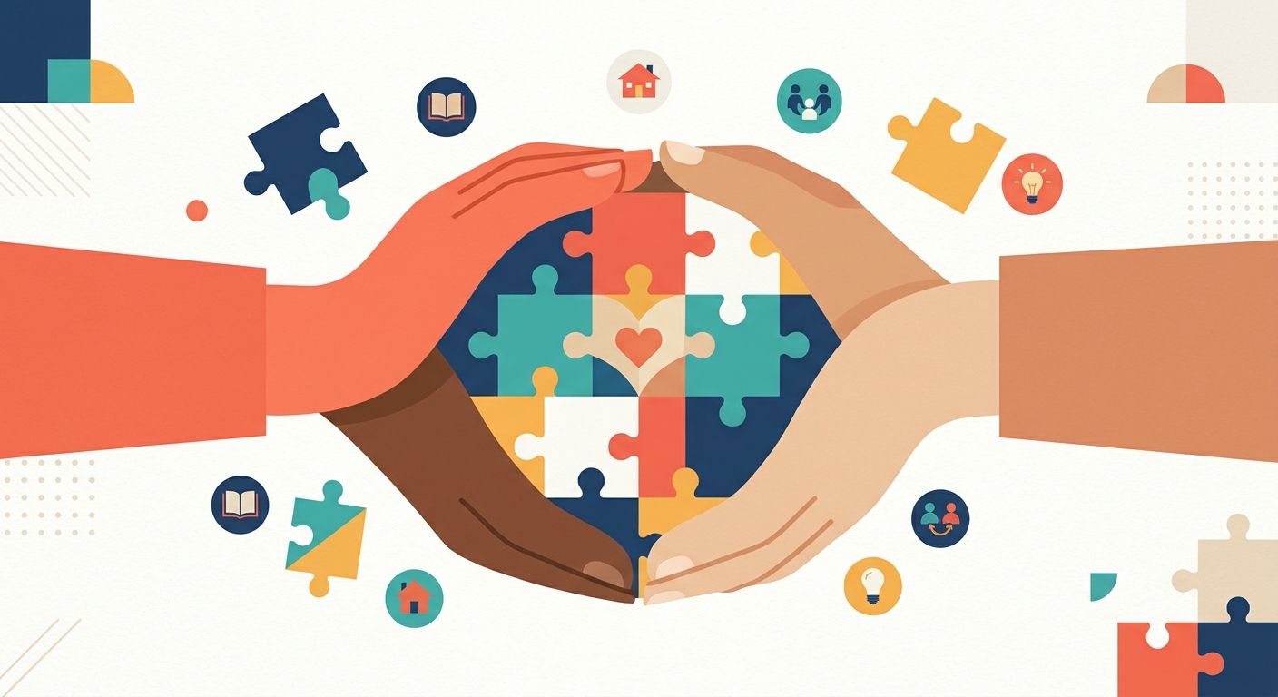Illustrazione: mani di colori diversi che proteggono un puzzle con un cuore al centro